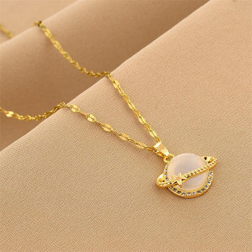 Non-Fading French Style Design Planet Opal Pendant Titanium Steel Necklace.